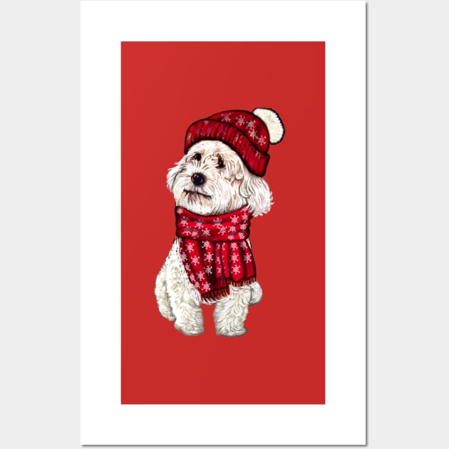 cavalier king charles spaniel,  white Cavapoo Cavoodle in festive red winter hat and scarf with snowflakes - cute cavalier king charles spaniel snug in a snowflake themed scarf Wall Art by Artonmytee